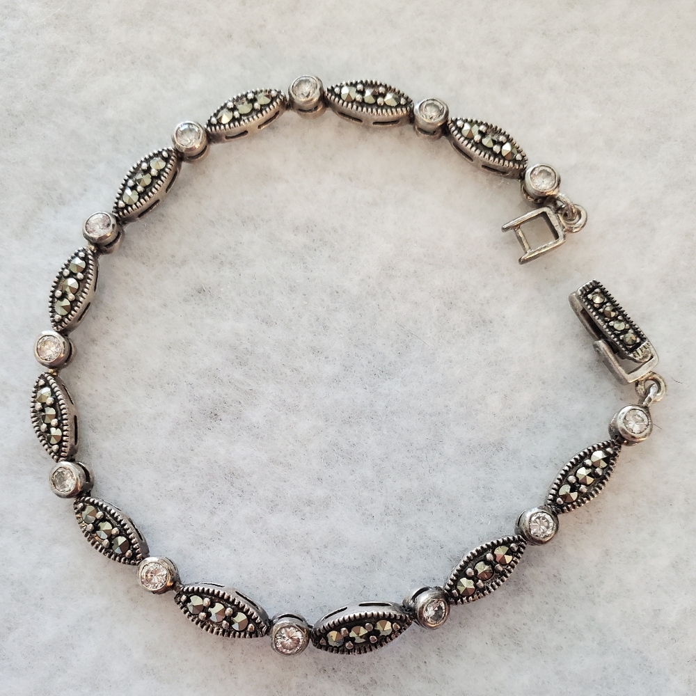 .925 Silver Marcasite & CZ Link Bracelet